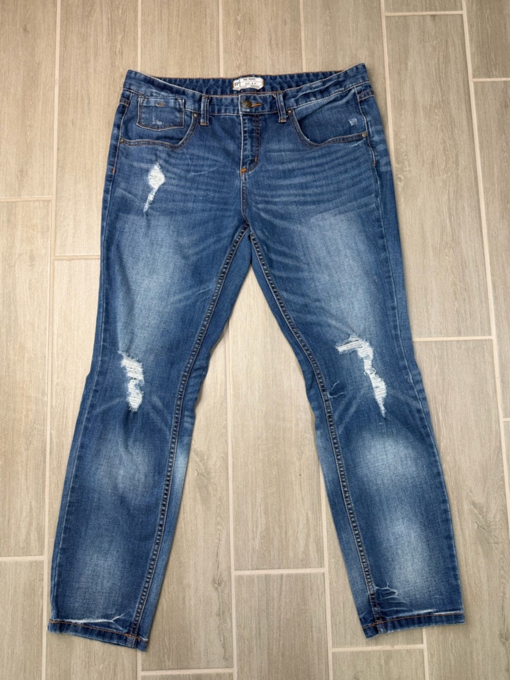 Free People Distressed Dark Blue Straight-Leg Jeans